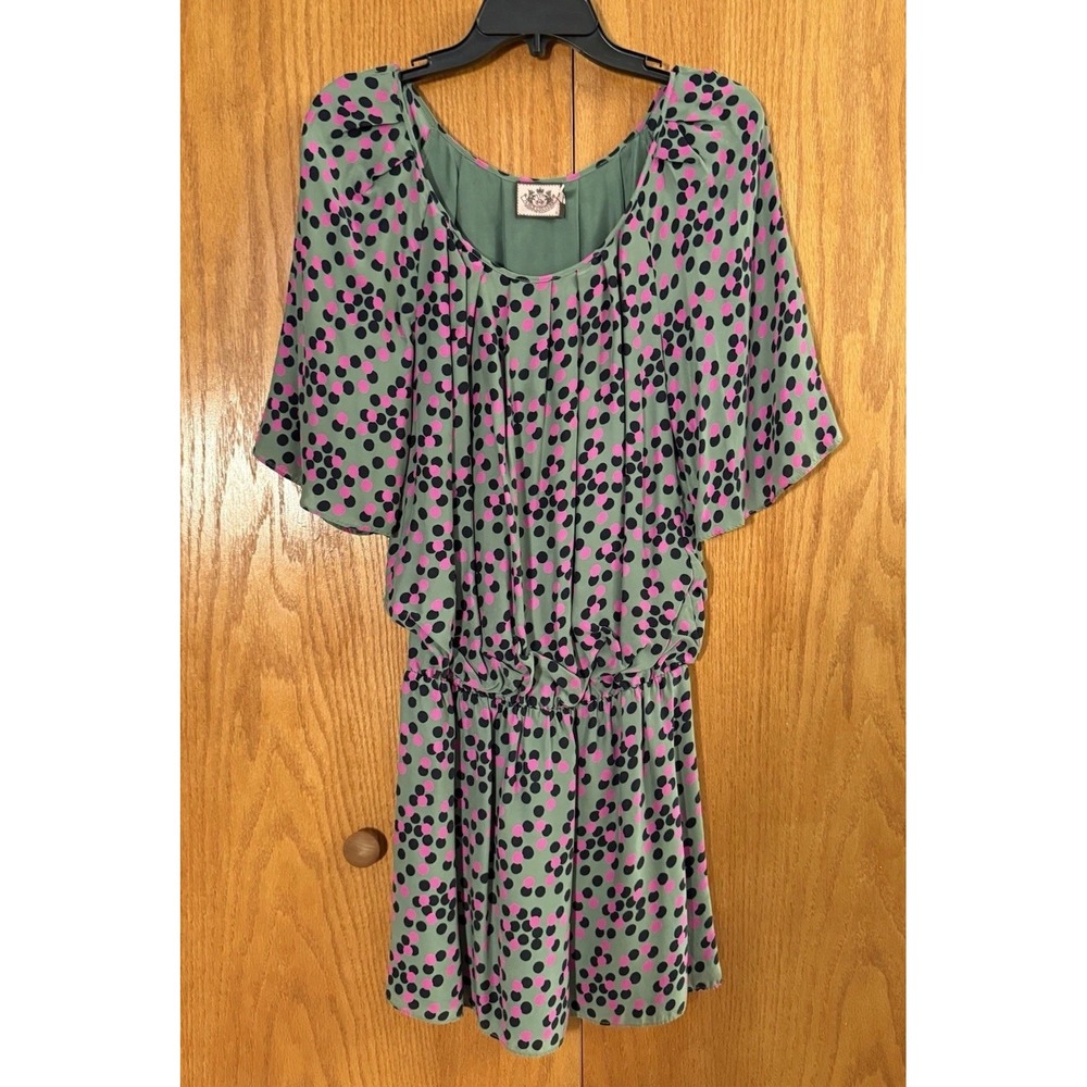 JUICY COUTURE Dress Wms 6 Green Black Pink Silk Polka Dot Retro Style Drop Waist